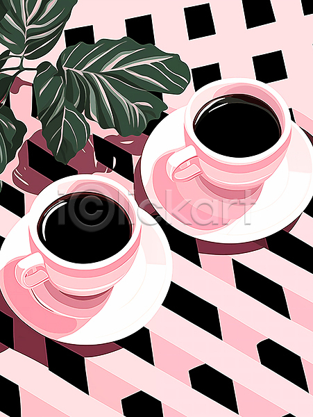 사람없음 JPG 일러스트 두잔 분홍색 블랙커피 식물 아메리카노 잎 체크(체크무늬) 커피 커피잔