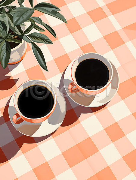 사람없음 JPG 일러스트 두잔 블랙커피 식물 아메리카노 주황색 체크(체크무늬) 커피 커피잔 코랄 화분