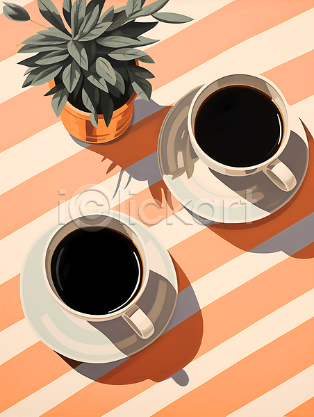 사람없음 JPG 일러스트 두잔 블랙커피 식물 아메리카노 주황색 줄무늬 커피 커피잔 화분