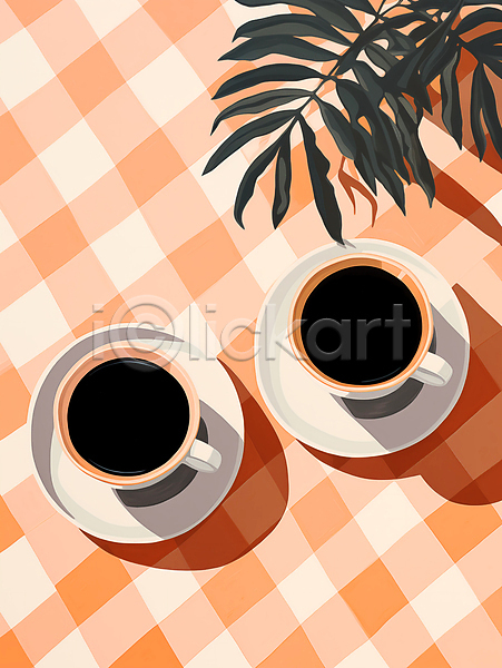 사람없음 JPG 일러스트 두잔 블랙커피 식물 아메리카노 잎 주황색 체크(체크무늬) 커피 커피잔