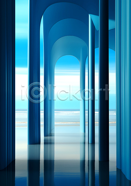 사람없음 JPG 디지털합성 편집이미지 공간 기둥 바다 백그라운드 복도 아치 줄무늬 파란색 편집소스 풍경(경치)