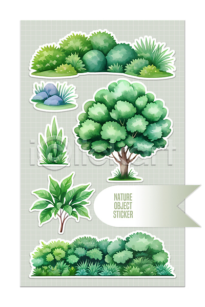 사람없음 PSD 일러스트 나무 돌(바위) 세트 스티커 엘리먼트 오브젝트 잎 자연 초록색 풀(식물) 풀잎