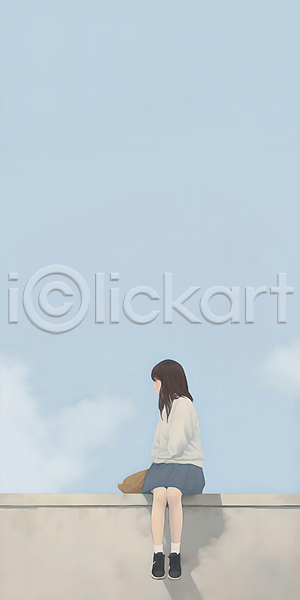 십대여자한명만 여자 청소년 한명 JPG 일러스트 가방 교복 구름(자연) 맑음 스쿨라이프 앉기 여학생 옥상 전신 하늘 학교