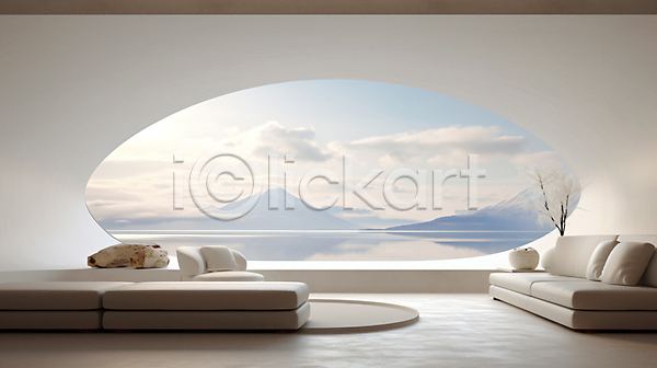 사람없음 JPG 편집이미지 공간 구름(자연) 디자인 베이지색 산 소파 실내 인테리어 창문 쿠션 호수