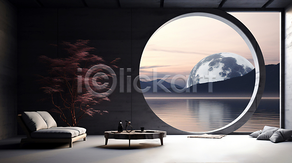 사람없음 JPG 편집이미지 공간 나무 달 디자인 모던 산 소파 실내 인테리어 창문 쿠션 탁자 호수