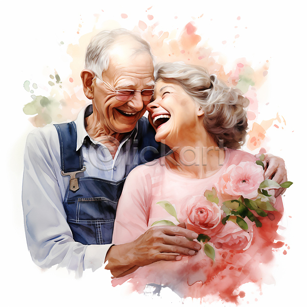 행복 남자 노년 노인만 두명 여자 JPG 일러스트 꽃 노부부 마주보기 미소(표정) 어깨에손 웃음 할머니 할아버지