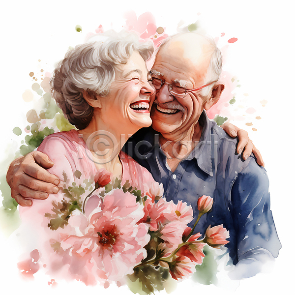 행복 남자 노년 노인만 두명 여자 JPG 일러스트 꽃 노부부 미소(표정) 어깨동무 웃음 할머니 할아버지