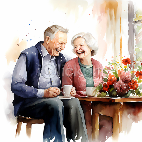 행복 남자 노년 노인만 두명 여자 JPG 일러스트 꽃 노부부 들기 마주보기 머그컵 미소(표정) 웃음 탁자 할머니 할아버지