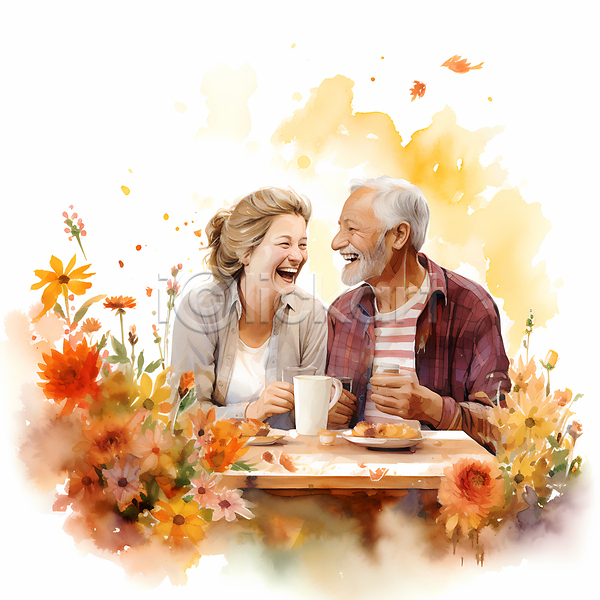 행복 남자 노년 노인만 두명 여자 JPG 일러스트 꽃 노부부 마주보기 미소(표정) 웃음 탁자 할머니 할아버지