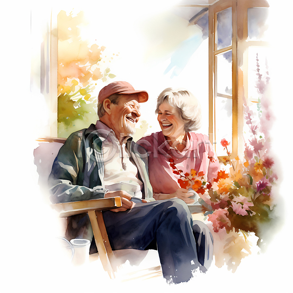 행복 남자 노년 노인만 두명 여자 JPG 일러스트 꽃 노부부 마주보기 미소(표정) 앉기 웃음 의자 할머니 할아버지