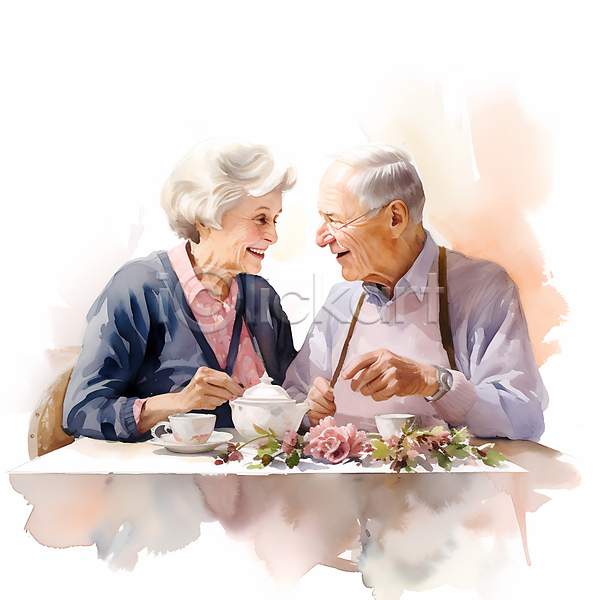 행복 남자 노년 노인만 두명 여자 JPG 일러스트 꽃 노부부 마주보기 미소(표정) 웃음 찻잔 찻주전자 탁자 할머니 할아버지