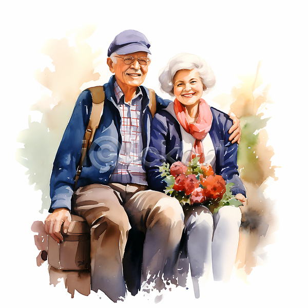 행복 남자 노년 노인만 두명 여자 JPG 일러스트 꽃 노부부 미소(표정) 어깨에손 웃음 할머니 할아버지