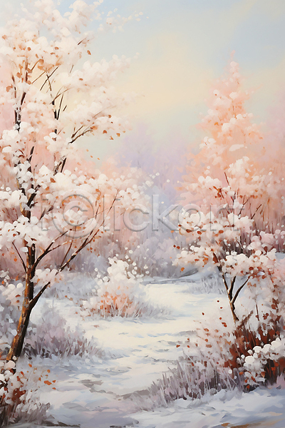 사람없음 JPG 일러스트 겨울 꽃 나무 눈(날씨) 백그라운드 설경 설원 유화 자연 풍경(경치)