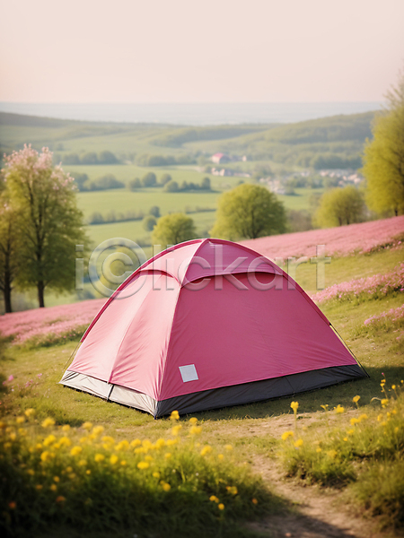 사람없음 JPG 디지털합성 편집이미지 꽃 나무 봄 분홍색 산 자연 잔디 초원(자연) 캠핑 텐트 편집소스 풍경(경치)