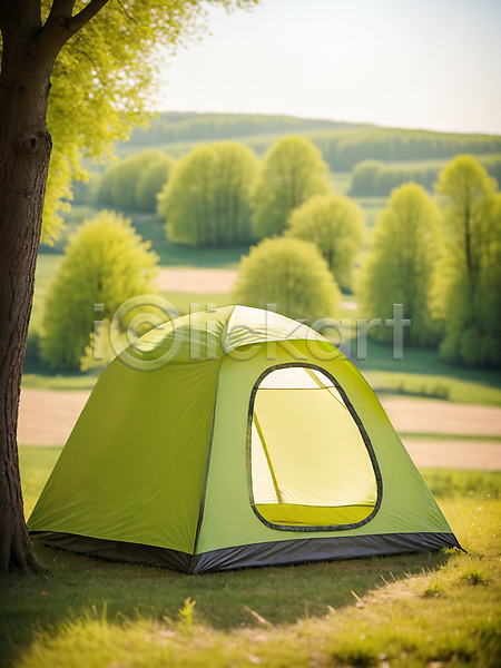 사람없음 JPG 디지털합성 편집이미지 나무 봄 산 연두색 자연 잔디 초원(자연) 캠핑 텐트 편집소스 풍경(경치)