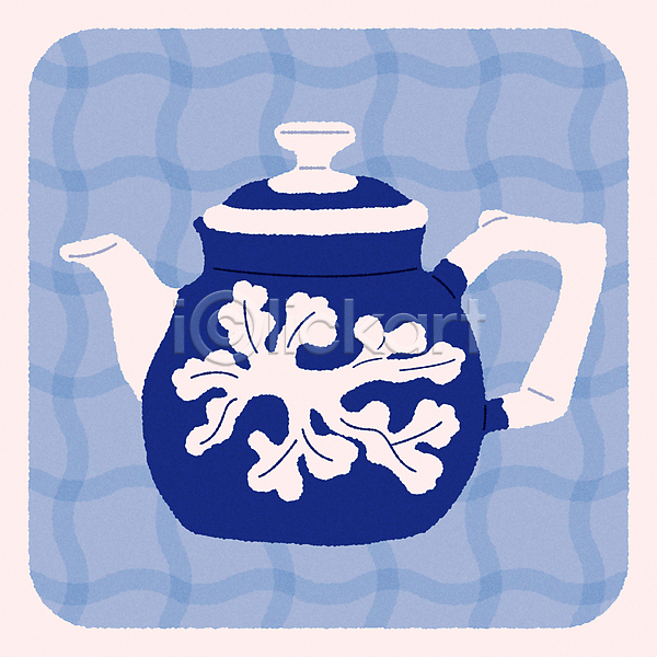 빈티지 티타임 사람없음 AI(파일형식) 일러스트 그래픽 미니멀 엽서 잔 주전자 차(음료) 찻주전자 컬러풀 컵 파란색 패턴