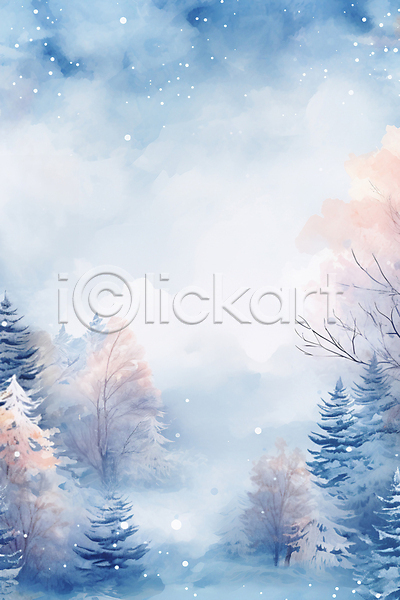 사람없음 JPG 디지털합성 일러스트 겨울 그림 백그라운드 번짐 수채화(물감) 숲 자연 풍경(경치)