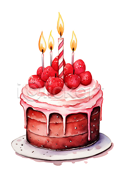사람없음 PSD 일러스트 디저트 딸기 분홍색 생일케이크 수채화(물감) 음식 작음 촛불 케이크