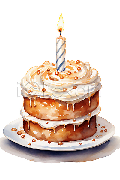 사람없음 PSD 일러스트 디저트 생일케이크 수채화(물감) 음식 작음 촛불 케이크