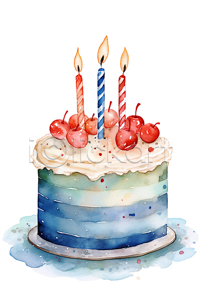 사람없음 PSD 일러스트 디저트 생일케이크 수채화(물감) 음식 작음 체리 촛불 케이크