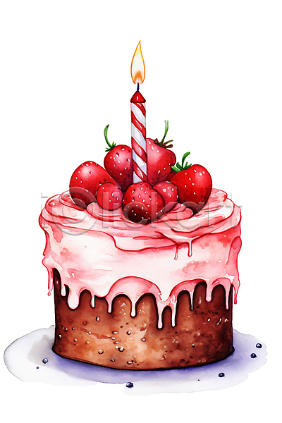 사람없음 PSD 일러스트 디저트 딸기 분홍색 생일케이크 수채화(물감) 음식 작음 촛불 케이크
