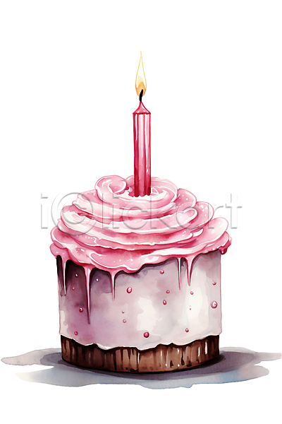 사람없음 PSD 일러스트 디저트 생일케이크 수채화(물감) 음식 작음 촛불 케이크