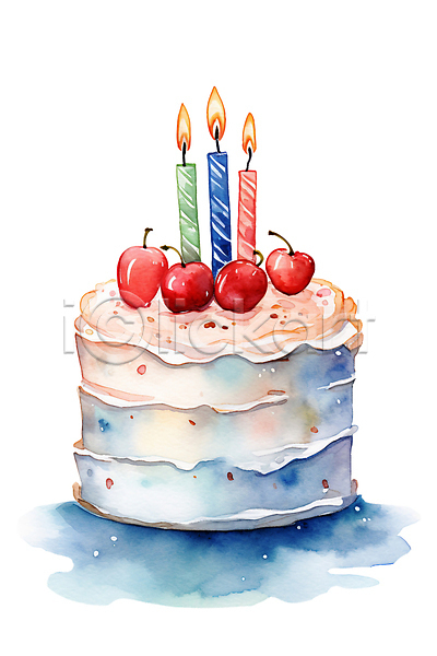 사람없음 PSD 일러스트 디저트 생일케이크 수채화(물감) 음식 작음 체리 촛불 케이크