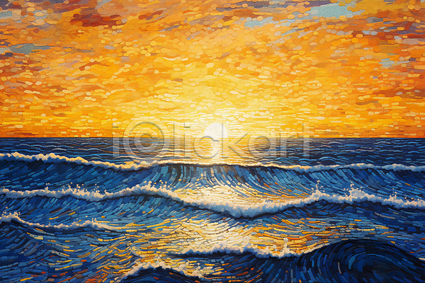 사람없음 JPG 일러스트 바다 백그라운드 일몰 일출 점묘화 태양 파도 해변