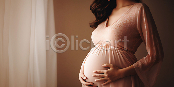 행복 성인 성인여자한명만 여자 한명 JPG 디지털합성 옆모습 편집이미지 배(신체부위) 베이지색 상반신 엄마 원피스 육아 임산부 임신
