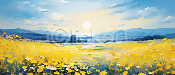 사람없음 JPG 일러스트 꽃밭 노란색 백그라운드 봄 유화 자연 질감 풍경(경치) 하늘