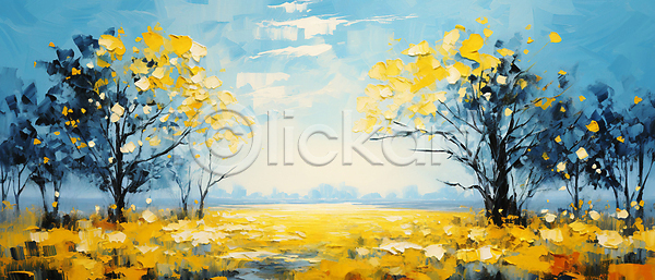 사람없음 JPG 일러스트 꽃밭 나무 노란색 백그라운드 봄 유화 자연 질감 풍경(경치) 하늘