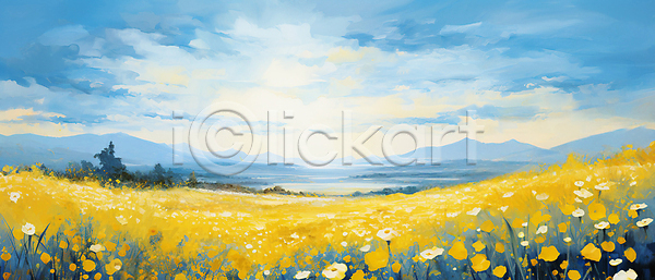 사람없음 JPG 일러스트 꽃밭 노란색 백그라운드 봄 유화 자연 질감 풍경(경치) 하늘