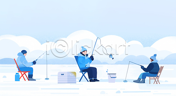 남자 성인 성인만 세명 여자 PSD 일러스트 간이의자 겨울 겨울옷 겨울축제 구름(자연) 낚시 낚싯대 라이프스타일 빙판 아웃도어 아이스박스 앉기 양동이 어류 얼음 얼음낚시 전신 파란색