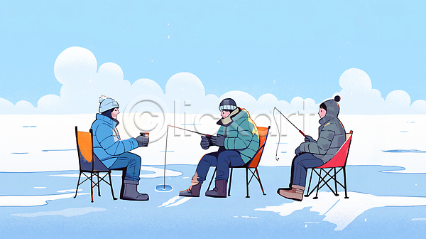 남자 성인 성인만 세명 여자 PSD 일러스트 간이의자 겨울 겨울옷 겨울축제 구름(자연) 낚시 낚싯대 라이프스타일 빙판 아웃도어 앉기 얼음 얼음낚시 웃음 전신 친구 파란색
