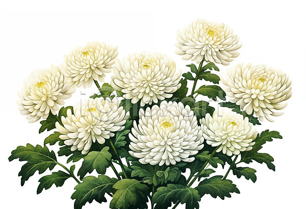 사람없음 PSD 일러스트 국화 꽃 수채화(물감) 식물 흰색