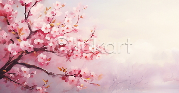 사람없음 PSD 일러스트 벚꽃 벚나무 봄 봄배경 분홍색 붓터치 유화 질감 카피스페이스 풍경(경치)