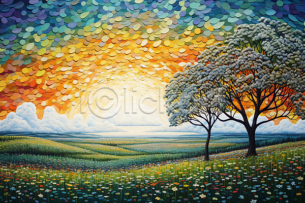 사람없음 JPG 일러스트 구름(자연) 꽃 나무 백그라운드 일몰 점묘화 초원(자연) 태양 풍경(경치)