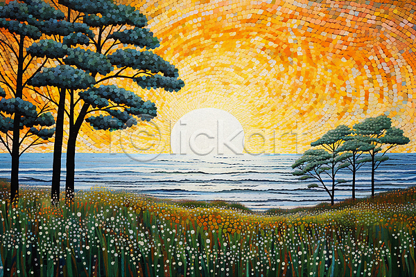 사람없음 JPG 일러스트 꽃 나무 바다 백그라운드 일몰 점묘화 초원(자연) 태양 풍경(경치)