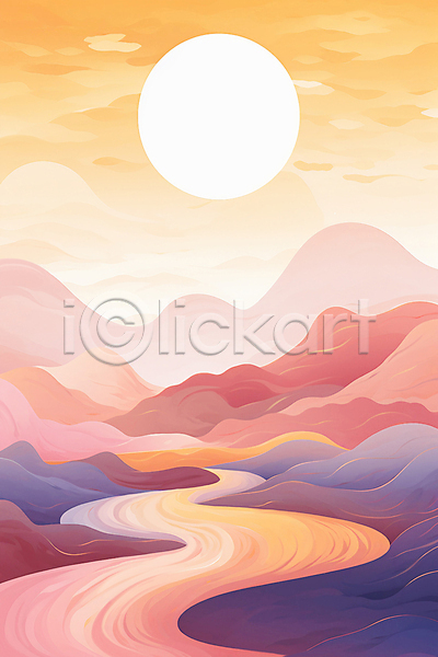 사람없음 JPG 일러스트 강 구름(자연) 노을 달 백그라운드 산 일몰 자연 주황색 풍경(경치) 하늘