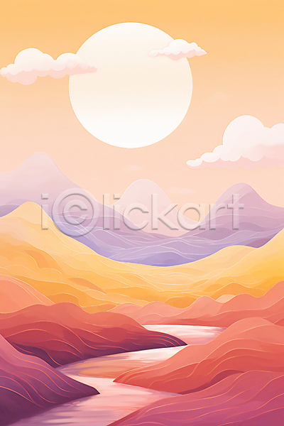 사람없음 JPG 일러스트 강 구름(자연) 노을 달 백그라운드 산 일몰 자연 주황색 풍경(경치) 하늘