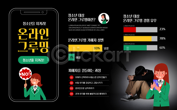 범죄 10대 남자 십대만 여러명 여자 청소년 한국인 AI(파일형식) 템플릿 검은색 그래프 그루밍성범죄 들기 상반신 스마트폰 웅크림 전신