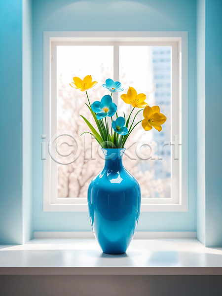 사람없음 JPG 디지털합성 편집이미지 꽃 꽃병 봄 창가 파란색 편집소스