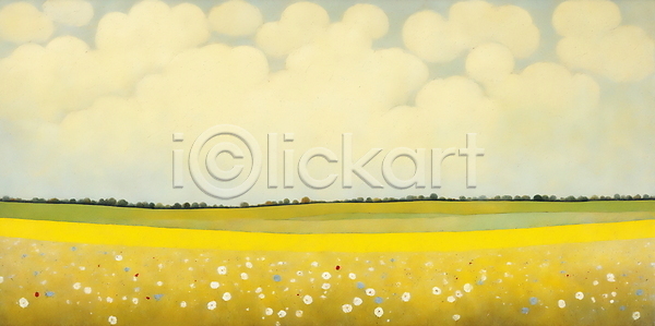 사람없음 JPG 일러스트 구름(자연) 꽃밭 노란색 백그라운드 봄 자연 초원(자연) 하늘