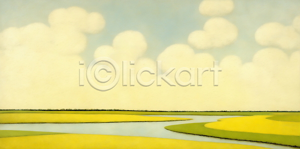 사람없음 JPG 일러스트 강 구름(자연) 노란색 백그라운드 봄 자연 지평선 초원(자연) 하늘