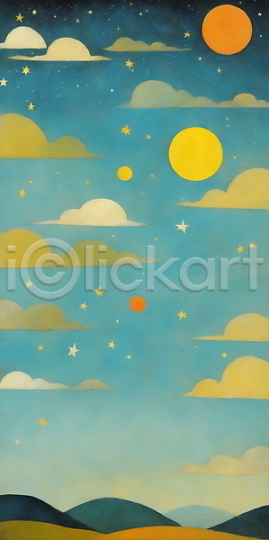 사람없음 JPG 일러스트 구름(자연) 달 밤하늘 백그라운드 별 야간 자연 청록색 초원(자연) 풍경(경치)