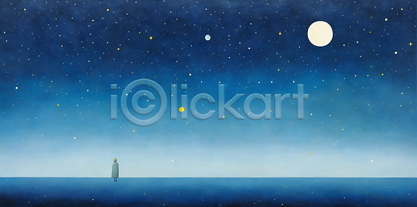 사람없음 JPG 일러스트 달 바다 밤하늘 백그라운드 별 야간 자연 초원(자연) 파란색 풍경(경치)