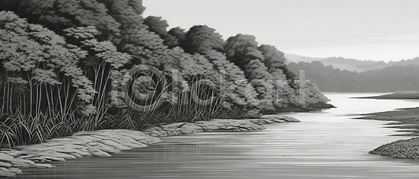 사람없음 JPG 일러스트 흑백 검은색 나무 돌(바위) 백그라운드 자연 풍경(경치) 하늘 호수 회색