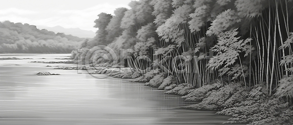 사람없음 JPG 일러스트 흑백 검은색 나무 대나무 돌(바위) 백그라운드 자연 풍경(경치) 하늘 호수 회색