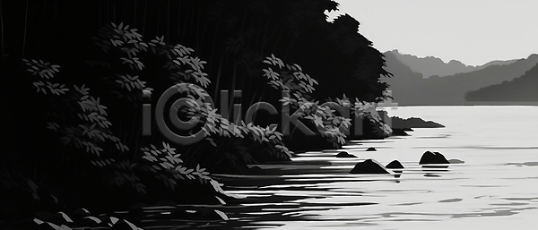 사람없음 JPG 일러스트 흑백 검은색 나무 돌(바위) 백그라운드 자연 풍경(경치) 하늘 호수 회색