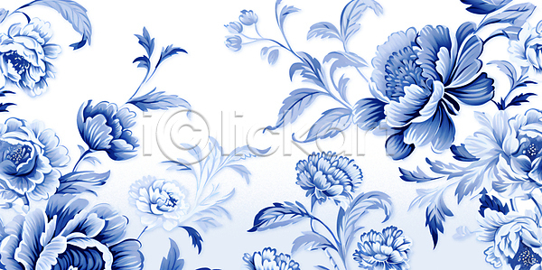 빈티지 클래식 사람없음 PSD 일러스트 꽃 모란 유럽풍 잎 작약 파란색 패턴